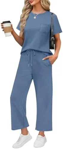 wiholl 2 piece sets for women summer vacation airport cruise travel outfits for airplane 2026 matching clothing trendy resort wear comfy loungewear petite lounge sets blue l