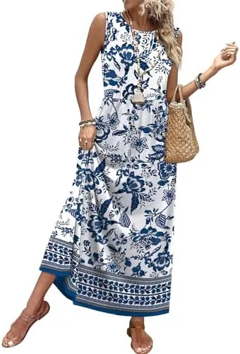 wiholl sundresses for women dressy casual summer boho dresses for women 2026 sleeveless flowy dress beach vacation clothes travel airport outfits s floral blue