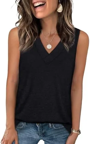 wiholl tank tops for women 2026 summer tops loose fit casual v neck sleeveless shirts trendy tunics travel beach tee shirts black xl